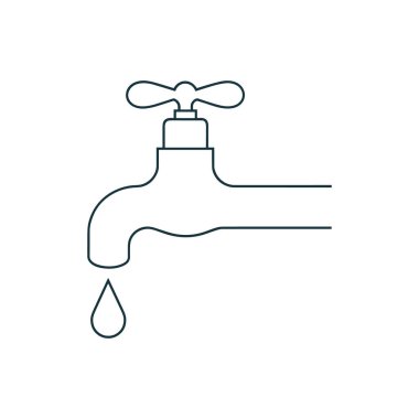Minimalist bir sanat çizgisi, klasik çapraz saplı tek bir musluğu tasvir eder. Fıskiyeden tek bir damla su düşerken görülüyor. Musluk temiz, basit çizgilerle hazırlanır ve resim beyaz bir arka planda sunulur.