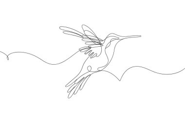 Minimalist tek bir çizgi uçuşun ortasında bir sinekkuşu resmediyor. Kuşun kanatları açık ve detaylı, hızlı hareketi gösteriyor. Uzun gagası öne dönük ve vücudu aerodinamik. Çizim tek, unbr şekilde yapılır.