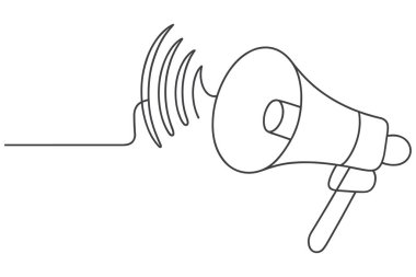 Minimalist bir tek çizgi klasik bir megafonu, sapı ve alevli bir açılışı tasvir eder. Megafonun çanından çıkan ses dalgaları kıvrımlı çizgilerle temsil edilir. Tüm illüstrasyon temiz ve sürekli bir şekilde çizilmiştir. 