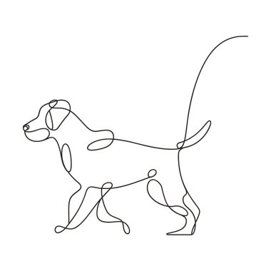 Tek bir kesintisiz siyah çizgi beyaz arka planda yürüyen bir köpeğin ana hatlarını oluşturur. Köpek profil ile tasvir edilir, sola dönük, sanki yürüyormuş gibi hareket eden bacakları ile. Çizgi sanatı, hayvanın vücudunu, kuyruğunu ve kafasını yakalar.