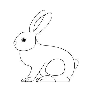 Yandan bakıldığında, bir tavşanın tek bir tasviri oturma pozisyonunda sunuluyor. Çizim, tavşanın uzun kulaklarını, yuvarlak gövdesini ve pençelerini vurgulayan temiz ve kalın çizgiler içeriyor. Düz beyaz bir arkaplan üzerine kuruludur. 