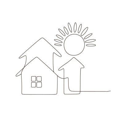 Minimalist tek bir çizgi, pencereli bir ev ve ışınlı bir güneş tasvir eder. Yukarı bakan bir ok eve bağlı, bu da büyüme ya da ilerleme olduğunu gösteriyor. Tüm çizimler beyaz bir sırt deliğinde tek bir çizgiden oluşuyor.