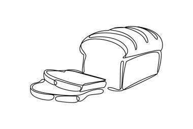 Beyaz arka planda bir somun dilimlenmiş ekmeğin minimalist sürekli çizimi. Çizim, birkaç dilim kesilmiş ve ön tarafa yayılmış bir somunun ikonik şeklini yakalıyor. Tek çizgi biçimi temiz ve modern bir estetik yaratıyor, pe