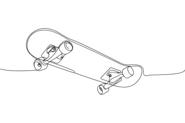 Tek bir çizgi hareket halindeki bir kaykayı gösteriyor. Güverte, kamyonlar ve tekerlekler de dahil olmak üzere tüm kaykay sürekli, akıcı bir çizgide yapılmaktadır. Sanat eserleri temiz beyaz bir arkaplanda sunuluyor..