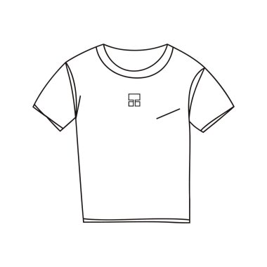 Beyaz arka planda siyah beyaz bir tişört çizimi. Tişört önden tasvir edilmiş, yuvarlak yaka, kısa kollu ve düz kenarlı. Sol göğüs bölgesine küçük, soyut bir kare logo yerleştirilir ve ince bir çizgi s