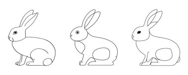 Bu resim yan görüş profilinde oturan tavşanların üç ana hatlı çizimini gösterir. Her tavşan karakteristik uzun kulaklar, yuvarlak bir vücut ve pençelerle tasvir edilir. Resimler basit ve temiz, beyaz arkaplanda koyu siyah çizgiler var.. 