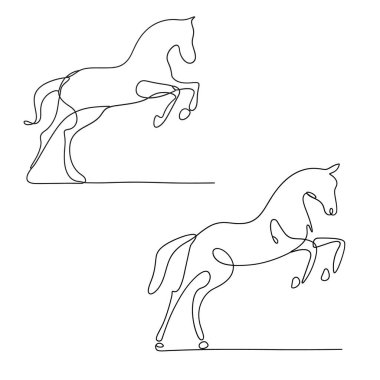 Bu resimde beyaz arka planda tek bir çizgili sanat tarzında tasvir edilmiş iki at görülüyor. Üst at dinamik bir şekilde, ön bacakları havada yükseliyor. En alttaki at da hareket halindeyken yakalanır, koşar ya da hoplayıp zıplar.