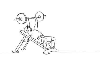 Bu, göğüs presi egzersizine katılan bir adamın sürekli bir çizgisi. İki eliyle bir halter kaldırarak ağırlık bankında duruyor. Sanat eserleri tek satırlık çalışmasıyla karakterize edilir. Sıvı ve enerji üretir.