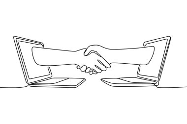 Minimalist bir çizim, iki açık dizüstü bilgisayar arasındaki iş tokalaşmasını gösteriyor. Eller, dizüstü bilgisayarların ekranlarından el sıkışarak uzanırken resmediliyor. Bu resim online iş anlaşmalarını, dijital işbirliğini sembolize ediyor, 