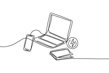 Bir minimalist sürekli çizgi bir dizüstü bilgisayar, bir kabloyla bağlı bir akıllı telefon ve bir kitabı tasvir eder. Aynı zamanda gücü veya enerjiyi temsil eden bir yıldırıma sahip dairesel sembol de gösterilir. Kompozisyon temiz ve basit, beyaz arka plana ayarlı.