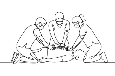 Minimalist sürekli bir çizgi, sırtüstü yatan bir kişinin etrafında diz çöken üç kişiyi tasvir eder. İki birey kişinin her iki yanına yerleştirilir, elleri göğsüne yerleştirilir ve göğüs kompresyonu yaparlar. Üçüncüsü...