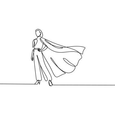 Minimalist tek çizgi, bir eli kalçasında güvenle duran bir kadını resmediyor. Arkasından çıkan dalgalı bir pelerin takıyor. Bu da hareket ve güç göstergesi. İllüstrasyon, beyaz bir ba üzerinde sürekli siyah bir çizgi şeklinde yapılmıştır.