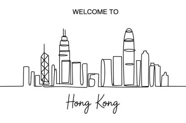 Bu grafik, çeşitli ikonik gökdelenleri ve binaları gösteren Hong Kong siluetinin sürekli bir çizimini gösteriyor. Şehrin silueti beyaz arka plana karşı tek bir siyah çizgi şeklinde işlenmiş. Ufuk çizgisinin üstünde, 