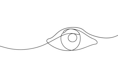 Bir insan gözünün minimalist tasviri. Beyaz arka planda sürekli siyah bir çizgi çizilmiş. Çizim, gözbebeği ve göz bebeği de dahil olmak üzere gözün temel unsurlarına odaklanır, tek bir akış çizgisiyle bir gözlem hissi iletir.