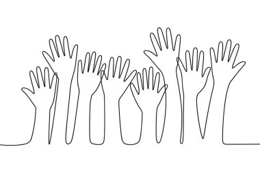 Aralıksız çizilen bir çizgi, avuç içi ve görünür parmaklar ile yukarı doğru yükselen birden fazla insan elini tasvir eder. Elleri farklı boyutlarda ve farklı yüksekliklerde konumlanmış, kolektif bir eylem veya katılım hissi yaratıyor. Basit siyah sen