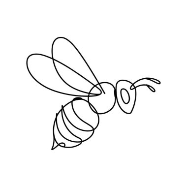 Bu görüntü, uçan bir arının minimalist tek çizgi çizimini gösteriyor. Devamlı siyah çizgi sanatı böceğin şeklini betimler, kanatları, gövdesi, antenleri ve bacakları dahil, hepsi de beyaz arka planda temiz ve kırılmamış bir felçle oluşturulur.