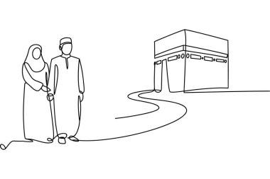 Minimalist bir çizim, geleneksel İslami giysiler içinde Mekke 'deki Kabe' ye doğru yürüyen Müslüman bir çifti resmediyor. Kadın tesettüre ve abaya 'ya girerken, erkek tobe ve kufi giyer. Kabe basit bir kübik olarak gösterilir.