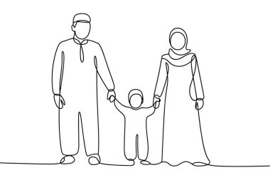 Basit bir çizgi çizimi, anne, baba ve çocuğun el ele tutuşmasından oluşan Müslüman bir aileyi gösteriyor. Anne ve baba geleneksel İslami kıyafetler giyer ve anne tesettür takar. Çocuk da onların arasında duruyor.