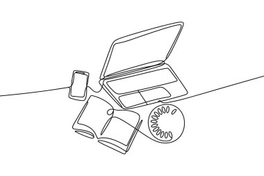 Bu minimalist çizgi çizimi çalışma alanının genel bir görünümünü sunar. Açık bir dizüstü bilgisayar merkezi olarak yerleştirilir ve önünde açık bir kitap bulunur. Solda bir akıllı telefon ve sağda bir CD var. Kompozisyon tek bir konteynırla oluşturulur.