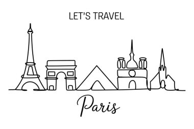 Bu resim, Eyfel Kulesi, Zafer Takı, Louvre Piramidi, Notre Dame Katedrali ve kilise kulesi gibi önemli simgelerin yer aldığı Paris siluetinin sürekli bir çizimini sergiliyor. Şehrin adı, 