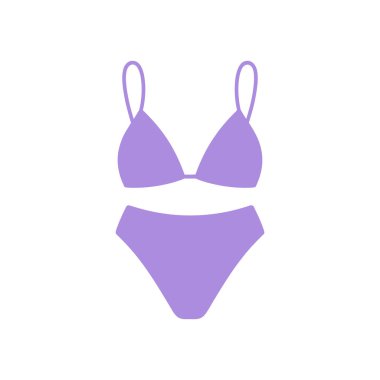 Pastel mor renkli iki parçalı bikini setinin basit, düz bir tasarım çizimi. Set, ince kayışlı ve yüksek bel bikinili bir üçgen sütyen içeriyor. Görüntü temiz beyaz bir arkaplanda sunulur, bu da onu desi için ideal kılar.