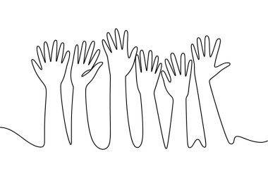 Beyaz arkaplandaki siyah çizgi sanatında minimalist bir illüstrasyon bir sıra kaldırılmış el ve kol gösteriyor. Eller açık avuç içleri ve parmakları açık olarak tasvir edilir, katılım, destek veya kutlama hissi verir. Aralıksız çizgi ahırı