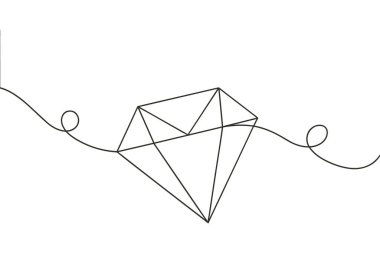 Bu resim, dalgalı bir çizgide asılı duran geometrik elmas şeklindeki minimalist tek bir çizgi. Devamlı siyah çizgi sanatı, değerli taşın basit ama zarif bir temsilini yaratır. Dalgalı bir çizgiyle, 