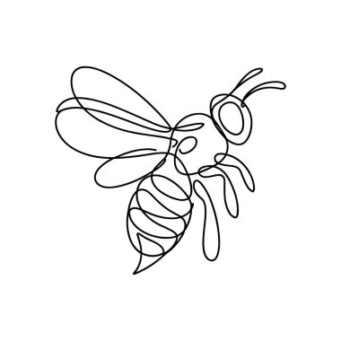 Uçan bir arının minimalist tek çizgi çizimi. Arının gövdesi, kanatları, antenleri ve bacakları beyaz bir zemine karşı sürekli siyah çizgi oluşturur. Bu basit ama zarif çizim böceğin özünü yakalar..