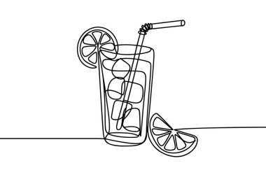 Minimalist tek bir çizgi, vitrinler, buz küpleri ve pipetle dolu uzun bir bardak çiziyor. Camın kenarına bir dilim limon konur ve yanında bir dilim daha bulunur. Tüm kompozisyon tek bir sürekli siyah çizgi ile şekillenir. 