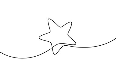 Bir yıldızın tek bir siyah çizgi çizimini içeren minimalist bir illüstrasyon. Yıldız beş noktalı ve hafif dalgalı organik şekilli tasvir edilir. Yıldızdan sürekli bir çizgi uzayıp beyaz arkaplan boyunca nazik bir eğri oluşturur.