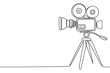 Bir tripoda monte edilmiş klasik bir film kamerasını tasvir eden tek bir siyah çizgiden oluşan minimalist bir illüstrasyon. Kamera iki göze çarpan lense, saplı bir gövdeye ve mikrofona sahip. Tripodun üç bacağı var. Tüm resim.