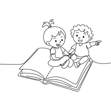 Açık bir kitabın üzerinde oturan iki çocuğu gösteren minimalist bir çizim. Saçları örgülü kız, oğlanla el ele tutuşuyor, o da öne bakıyor. İkisinin de mutlu ifadeleri var, bir hikayeye ya da hikayeye daldıklarını gösteriyor.