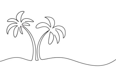 Bu iki palmiye ağacının ince kum tepecikleri üzerinde durduğu minimalist bir sanat çizgisi çizimi. Sanat eserleri siyah-beyaz, temiz ve basit bir stille işlenmiş. Resmin önemli bir bölümü boş Whit
