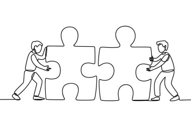 Bu çizgi çizgisi, iki büyük yapboz parçasını birleştirmek için birlikte çalışan iki kişiyi gösteriyor. Rakamlar, işbirliği ve sorun çözme eylemini vurgulayan basit ve sürekli çizgilerle çiziliyor. Yapboz parçaları kenetleniyor.,