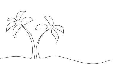 Bu iki palmiye ağacının ince kum tepecikleri üzerinde durduğu minimalist bir sanat çizgisi çizimi. Sanat eserleri siyah-beyaz, temiz ve basit bir stille işlenmiş. Resmin önemli bir bölümü boş Whit