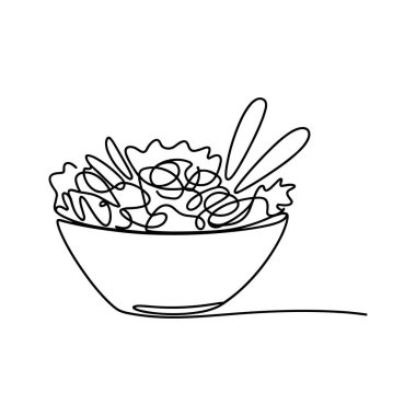 Salatayla dolu bir kasenin soyut bir çizimi. İllüstrasyon, salatanın malzemelerini ve kasesini temsil etmek için sürekli siyah bir çizgi kullanır, beyaz arka planda sağlıklı yiyeceklerin akışkan ve sanatsal bir temsilini yaratır..