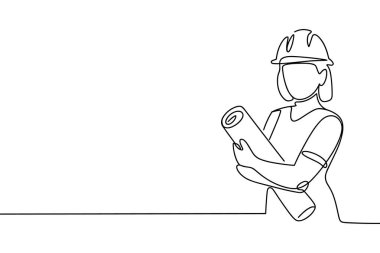 Sürekli çizilen tek bir çizgi, mimar ya da mühendis gibi, sabit bir şapka takan ve rulo planlar tutan birini resmediyor. Rakam göğüsten yukarıya doğru gösteriliyor ve planların tutulması ve incelenmesi üzerinde duruluyor. Minimali.