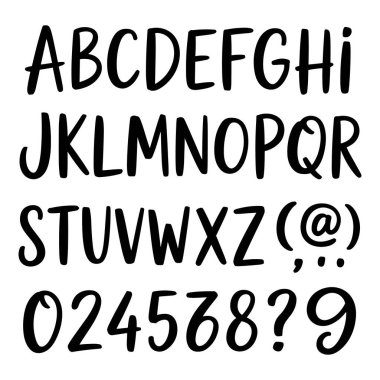 Bu resim, beyaz arkaplanda siyah mürekkeple çizilmiş karakterlerin bir koleksiyonunu gösterir. Karakterler, A 'dan Z' ye büyük harf alfabesini gösteren satırlarda sıralanır, ardından virgül, nokta işaretleri, nokta, ünlem işareti,, 