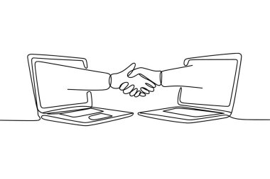 Bu tek çizgi iki elin titrediğini gösteriyor, iki açık dizüstü bilgisayarın ekranından çıkıyor. Görüntü, dijital olarak yürütülen bir iş anlaşmasını veya ortaklığı simgeliyor. Beyaz arka planda minimalist bir şekilde oluşturulmuş, m 'yi temsil eder.