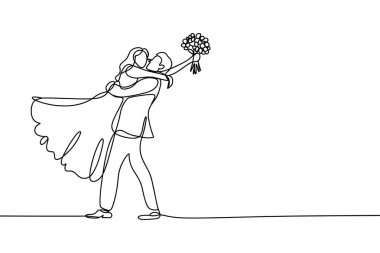 Minimalist tek çizgi bir gelin ve damadı sevgi dolu bir kucaklaşmayla tasvir eder. Damat, elinde bir buket çiçek tutan gelini kaldırır. Sanat eserleri, beyaz bir arkaplan üzerinde, romantizm ve cele duygusunu aktaran kesintisiz bir çizgi tarzında oluşturulmuştur.