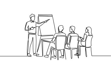 Bu tek çizgi bir iş sunumunu gösteriyor. Küçük bir seyirci yüzünü izleyiciye çevirirken, bir hoparlör bir çevirme çizelgesinin yanında duruyor. Sahne minimalist, sürekli bir çizgi şeklinde beyaz bir arka grupta çekilmiştir.