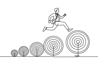 Bu tek sıra çizimi, bir iş adamının ileri doğru sıçradığını gösteriyor. Soldan sağa doğru büyüyen hedeflere benzeyen bir dizi eşmerkezli çemberin üzerinden atlıyor. Bu görsel metafor gelişmeyi temsil ediyor, boşluğu aşıyor.