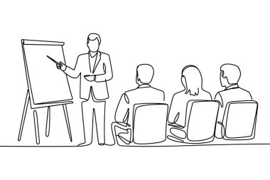 Tek bir çizgi bir iş sunumunu resmediyor. Takım elbiseli bir adam solda duruyor, sehpadaki tablolara bakıyor. Önünde, üç kişi oturuyor, yüzünü seyirciye dönük olarak sunumu dinliyor. Tarzı Minima.