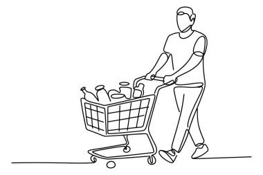 Alışveriş Arabası İten Adam Bir Hat Minimum Perakende Vektör Resimleri