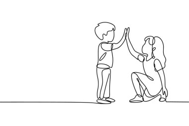 Anne sürekli çocuk yetiştirmeyi teşvik ediyor. Aile ebeveynliği çizimi.