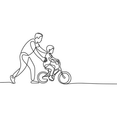 Baba çocuğa bisiklet sürmeyi öğretiyor. Sürekli çizim yaparak aile vektörü çizimi yapıyor.