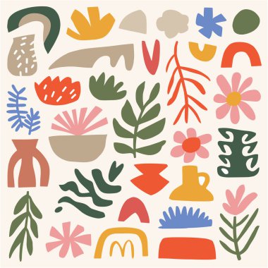 Soyut organik şekillerden, stilize çiçeklerden, yapraklardan ve açık bej arkaplanda vazoya benzer şekillerden oluşan canlı bir kolaj. Elementler düz, grafiksel bir tonda, toprak tonları paleti ile, kırmızı, sarı, mavi ve yeşildir..