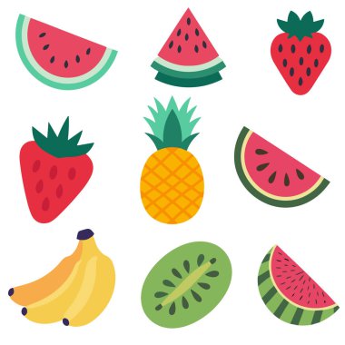 Beyaz arka planda sergilenen dokuz çeşit taze meyveden oluşan canlı bir koleksiyon. Meyveler arasında dilimler ve bir dilim karpuz, tam çilek, bir ananas, bir demet muz ve dilimlenmiş kivi yer alıyor. Resimler düz ve renkli..
