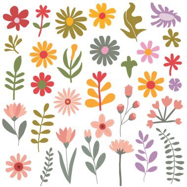Çeşitli stil ve renklerde el yapımı çiçek yaprakları koleksiyonu. Beyaz arkaplan üzerinde düz, illüstrasyon tarzı yapılmış farklı çiçek, tomurcuk ve yapraklar içerir.