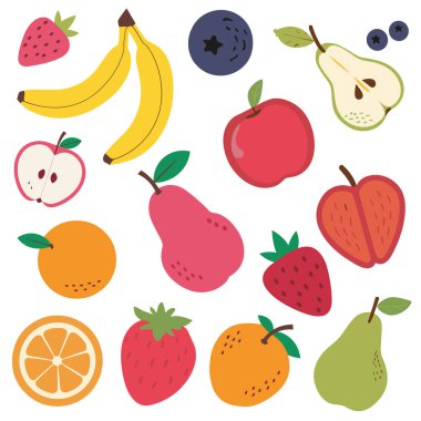 Çeşitli taze meyvelerin yer aldığı düz bir tasarım çizimi. Muz, elma (bütün ve dilimlenmiş), çilek, portakal (bütün ve dilimlenmiş), armut (bütün ve dilimlenmiş) ve yaban mersini içerir..